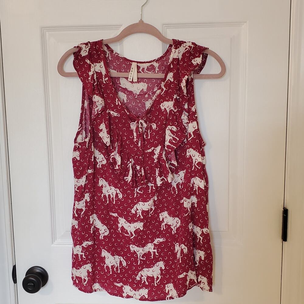 Roper Horse Print Sleeveless Ruffle Blouse Western Mustang Cowgirl Country L